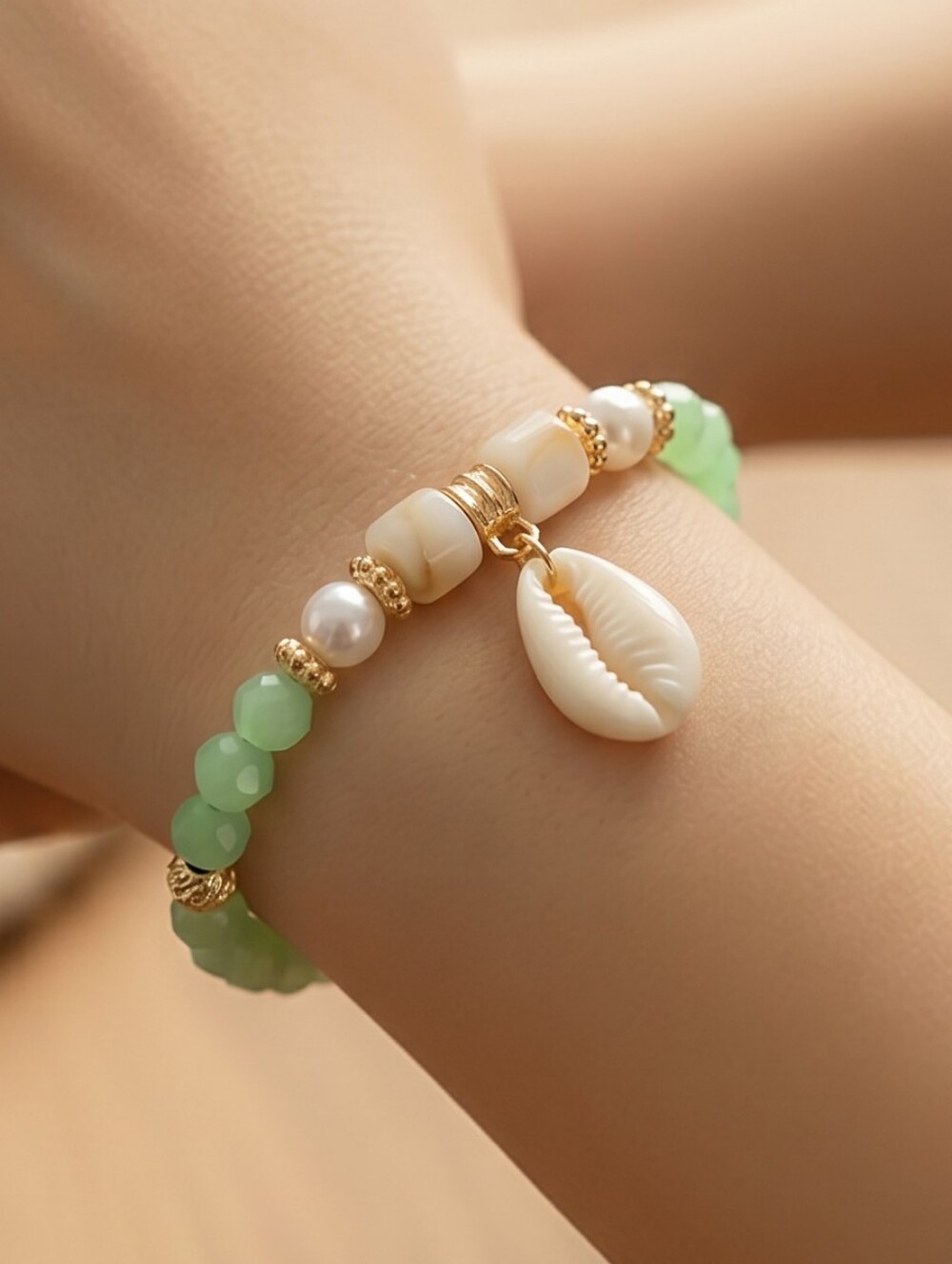 Cowrie Shell Bracelet Green Gold Beaded Coastal Stretch Beach Vacation Jewelry